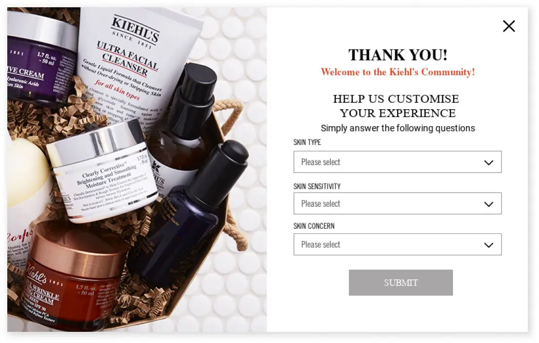 Questionnaire on Kiehl's' email sign-up form